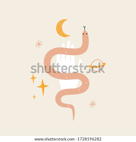 Vector illustration with human hand, snake, moon and stars. Trendy abstract print design, home decoration poster