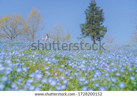 Girls and blue flowers on the hillside