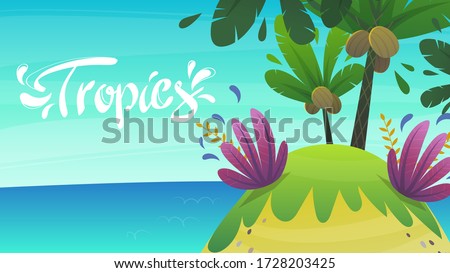 Coast of tropical island with sand beach and palm trees. Vector landscape panorama with lettering cartoon style background.