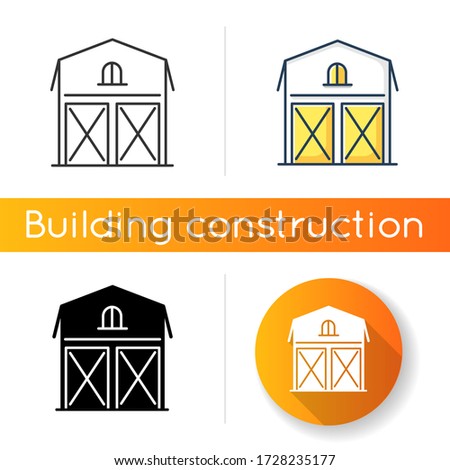 Barn icon. Farming storage construction. Grain warehouse. Agriculture house exterior. Wooden stockroom for harvest. Linear black and RGB color styles. Isolated vector illustrations