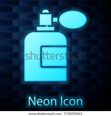 Glowing neon Aftershave bottle with atomizer icon isolated on brick wall background. Cologne spray icon. Male perfume bottle. Vector Illustration