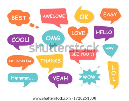 Set of bubble talk phrases Clouds for online chat with different words Suitable for dialogue to illustrate reactions. Chat baloons Colorful chat messages Vector Illustration on white background EPS 10