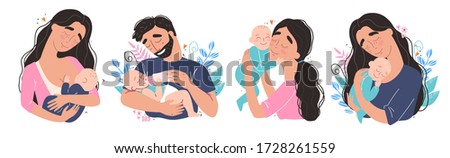 happy parents hug their newborn baby. Set of cute clipart