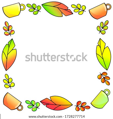 vector autumn  leaves and tea cups frame pattern isolated on white background