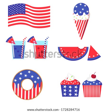 set of flat cartoon vector design elements Food,drink,dessert,donut,cake for america USA Independence Day Fourth of July. Vector illustration for banner,web,art,clip art