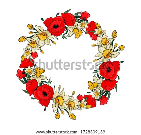  Wreath with daffodils and poppies. Festive wreath with red poppies and yellow daffodils on a white background. Vector isolated illustration with a wreath for a holiday. Doodle style.