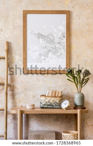 Stylish scandinavian interior of living room with mock up poster frame, wooden console, plants, ladder, decoration, grunge wall and elegant personal accessories in modern home decor.