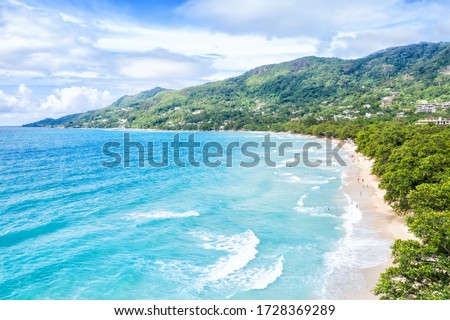 Seychelles Beau Vallon beach Mahe island landscape scenery vacation ocean drone view aerial photo relax