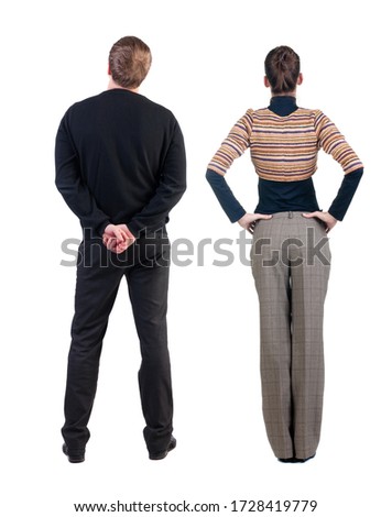 Back view couple in sweater. beautiful man and woman. Rear view people collection. backside view of person. Isolated over white background.