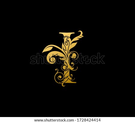 I Gold Letter Logo With Elegant Floral Design. Vintage drawn emblem for book design, brand name, letter stamp, Restaurant, Boutique, Hotel.  