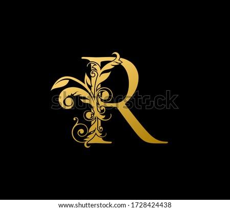 R Gold Letter Logo With Elegant Floral Design. Vintage drawn emblem for book design, brand name, letter stamp, Restaurant, Boutique, Hotel.  