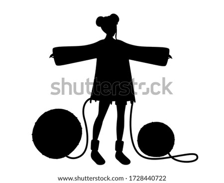 Black silhouette sweater knits on a girl from two ball of wool flat abstract illustration isolated on white background