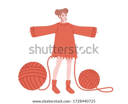 Orange sweater knits on a girl from two orange ball of wool flat abstract illustration isolated on white background