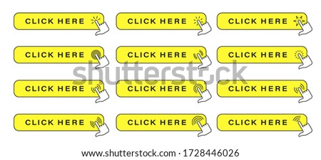 Click here vector web button. Isolated website buy or register bar icon with hand finger clicking cursor for buy or register design template. Vector illustration.
