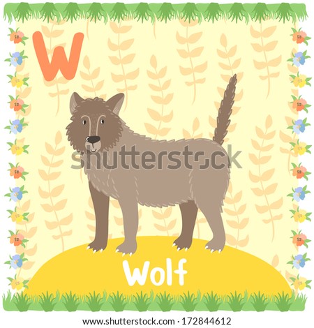 Illustration of smiling wolf on the background with floral elements. Vector card of animal alphabet