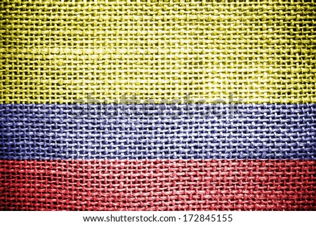 Texture of sackcloth with the image of the Colombia Flag. 