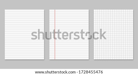 Collection of various white papers for your text. Blank pages of a notebook with margins isolated on gray background. Realistic square vector illustration. Royalty-Free Stock Photo #1728455476