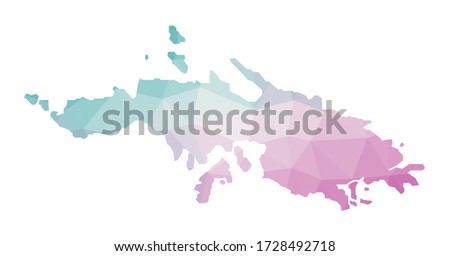 Polygonal map of Saint Thomas. Geometric illustration of the island in emerald amethyst colors. Saint Thomas map in low poly style. Technology, internet, network concept. Vector illustration.