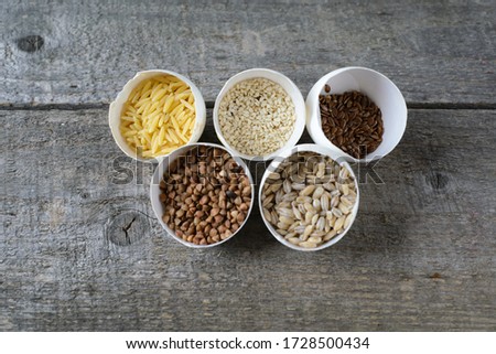 cereal on wooden table. Healthy breakfast concept. copy space. top view