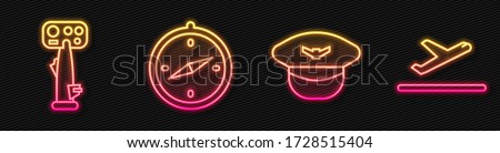 Set line Pilot hat, Aircraft steering helm, Compass and Plane takeoff. Glowing neon icon. Vector