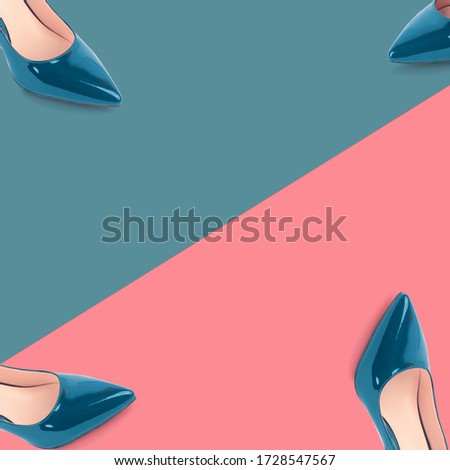 Creative collage of fashionable women's blue shoes on paper  coral background in the style of zine.
Flat lay, top view, copy space concept.
