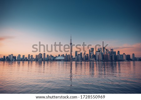 Toronto city skyline. The city view from Center Island in Ontario lake, Canada