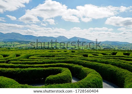 The Peace Maze in Castlewellan, Northern Ireland. Mourne Mountains in the background Royalty-Free Stock Photo #1728560404