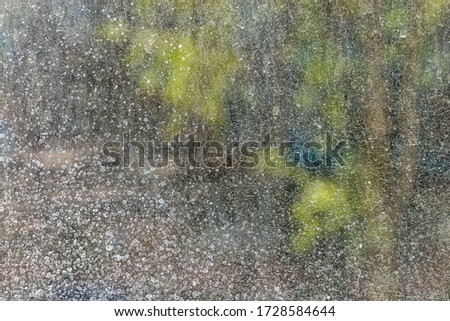 dirty window glass at sunny summer or spring weather close-up with selective focus and blur