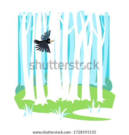 abstract forest landscape with black flying crow, the trunks of the trees as background, color vector illustration isolated on white in cartoon,flat & hand drawn style