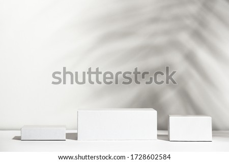 White boxes of different forms standing on shadow background. Empty unbranded shopfront. Showcase for cosmetic products. Product advertisement. Mockup style design. Cosmetology and beauty concept Royalty-Free Stock Photo #1728602584