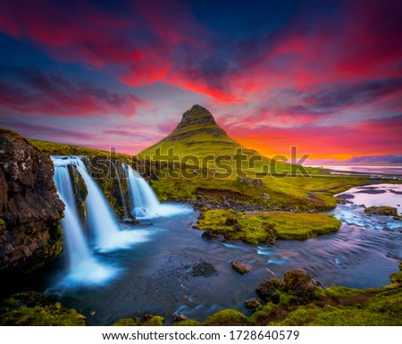 Incredible photo of Kirkjufellsfoss waterfall at sunset. Location famous place Kirkjufell volcano, Iceland, Europe. Image of popular tourist attraction of the world. Discover the beauty of earth.
