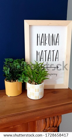 interior design with two plants and a hakuna matte wooden sign