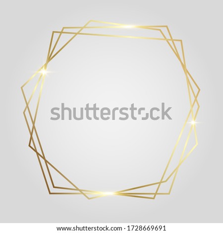 Golden shiny glowing polygonal frame isolated over light gray background. Gold metal luxury blank border. Vector background illustration template.