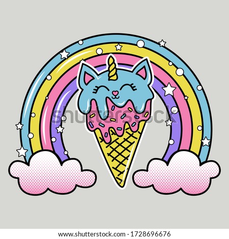 ICE CREAM UNICORN, COLORFUL RAINBOW WITH COLORFUL CLOUDS AND STARS, SLOGAN PRINT VECTOR