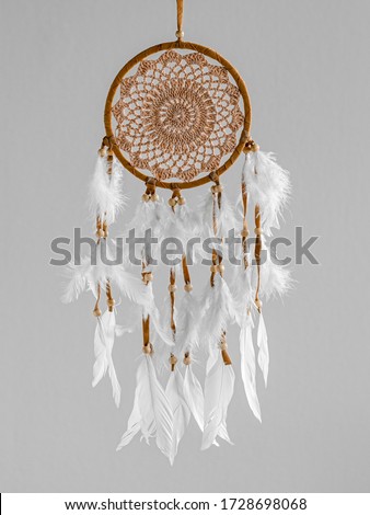 A brown Dreamcatcher with white plumage on a gray background. Interior decoration. Native American Dream Catcher Royalty-Free Stock Photo #1728698068