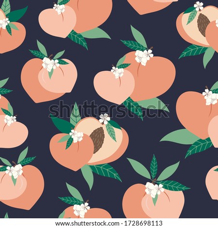 Peach seamless pattern with flowers. Fresh fuit summer vibes