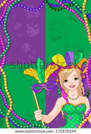 Mardi Gras Banner with beautiful girl holding mask