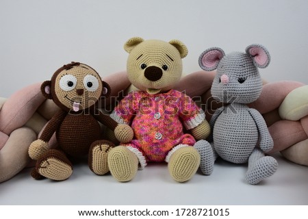 Handmade toys on white background. Elephant, Mouse, Mermaid, Monkey, Hippo, Bear, Bird, Doll.