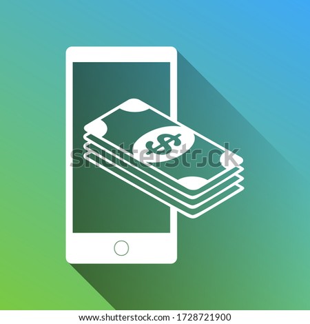 Payment, refill your mobile smart phone,. White Icon with gray dropped limitless shadow on green to blue background. Illustration.