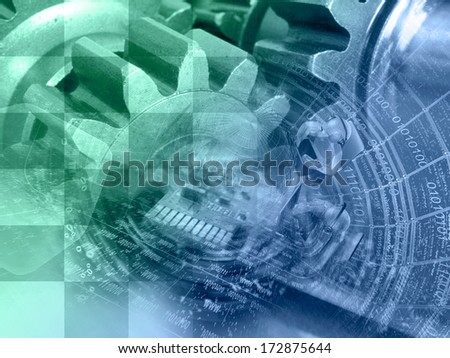 Digits, gears and mans - abstract computer background in greens and blue.
