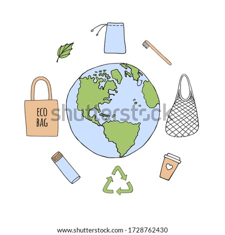 Vector set bundle of colored hand drawn doodle sketch eco friendly zero waste accessories things isolated on white background
