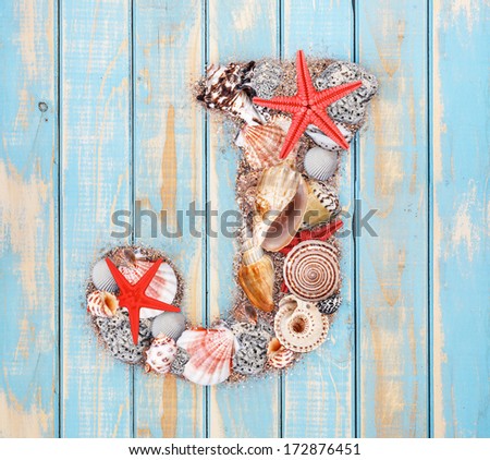 Letter J made of seashell on blue wooden background