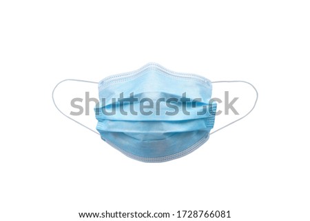 Medical face mask isolated on white background with clipping path around the face mask and the ear rope. Concept of COVID-19 or Coronavirus Disease 2019 prevention by wearing face mask. Royalty-Free Stock Photo #1728766081