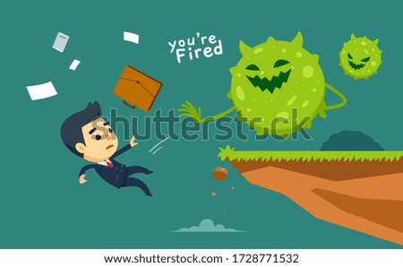A virus throw a businessman from cliff. Isolated Vector Illustration