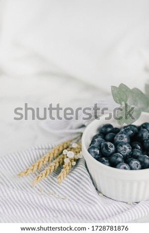 sweet blueberries in the white bowl on the table