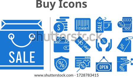 buy icons set. included online shop, shopping bag, wallet, money, voucher, price tag, discount, warranty, barcode, open icons. filled styles.