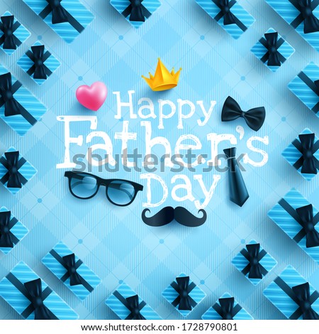 Happy Father's Day poster or banner template with necktie,glasses and heart on blue.Greetings and presents for Father's Day in flat lay styling.Promotion and shopping template for love dad concept