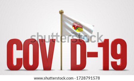 Higgins realistic 3D flag illustration. Red 3D COVID-19 text rendering. 