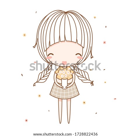 Cute girl, fashion girl, young girl, sweet girl, hold flower pot. Flat character design. Vector illustration for the t-shirt, print book, greeting card.