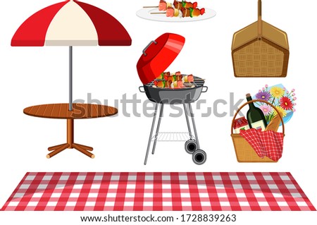 Picnic set with BBQ grill and food on white background illustration